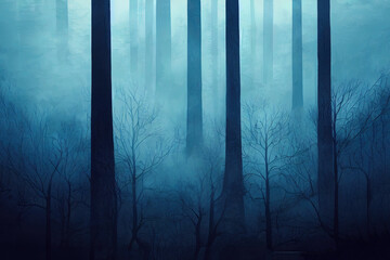 Illustration of dark forest in a blue mist at night background.