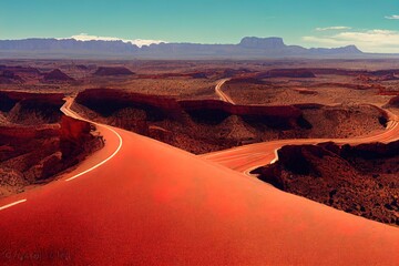 Fototapeta na wymiar Panorama of the road through the canyon desert. Red rock canyon desert road. Canyon desert road panoramic landscape. Canyon road panorama