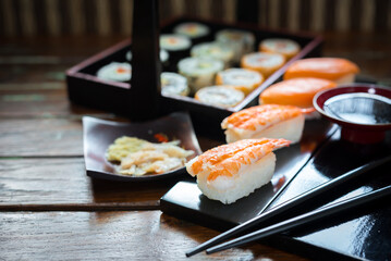 Fototapeta na wymiar Sushi maki and nigiri; Sushi shrimp tempura