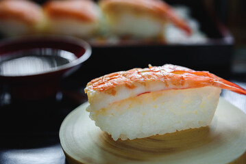 Sushi Set nigiri shrimp aon wood,top view,