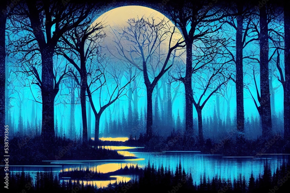 Wall mural Futuristic night landscape with abstract forest landscape. Dark natural forest scene with reflection of moonlight in the water, neon blue light. Dark neon circle background, dark forest, deer.