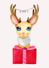 Christmas Reindeer with a gift and with a decorative element "2023". Watercolor Christmas illustration. The illustration is used for design, Christmas design, greeting cards, for holiday invitations.