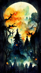 Obraz na płótnie Canvas Watercolor painting of Halloween spooky Horror forest, background October 31