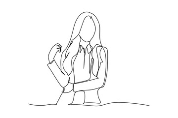 Single one line drawing smiling attractive business woman in her office standing with confident. Female enjoying work from home office. Continuous line draw design vector illustration