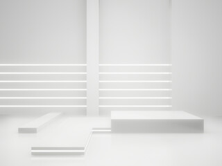 3D White Sci-Fi product display mockup. Scientific podium with white neon lights.