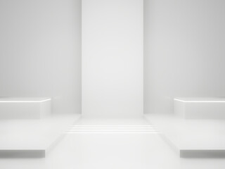 Fototapeta premium 3D White Sci-Fi product display mockup. Scientific podium with white neon lights.