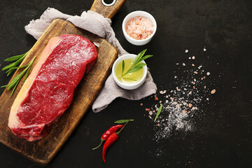 Raw striploin beef steak dark background.