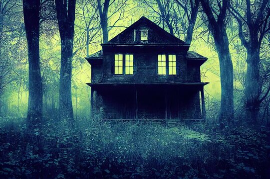 Horizontal Halloween banner with haunted house. Old abandoned house in the night forest. Scary colonial cottage in mysterious forestland. Photo toned in blue color