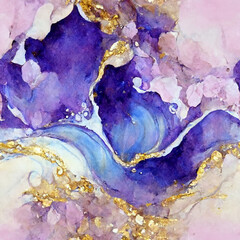 Blue Water Color Marble. Light Blue Glitter. Violet Seamless Painting. Gold Art Paint. Pink Seamless Watercolor. Violet Water Color Watercolor. Lilac Marble Background.