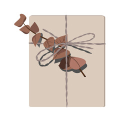 An original gift, wrapped in paper with a branch, tied with a rope,isolated on a white background.Vector illustration.