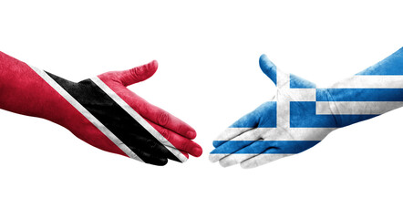 Handshake between Greece and Trinidad Tobago flags painted on hands, isolated transparent image.