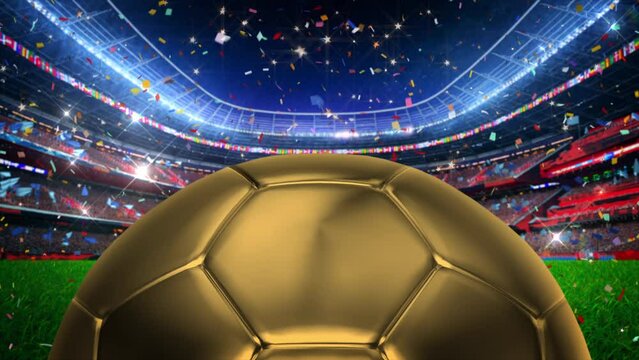 Football Stadium. Confetti is being thrown from above. The stadium is full of spectators who are waiting with excitement. The ball moves forward like a star player on the football field. Seamless Loop