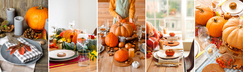 Collage with beautiful table setting for Thanksgiving Day