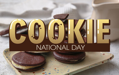 Plate with sweet chocolate cookies on table. National Cookie Day
