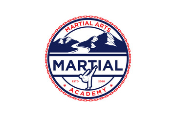 Martial art logo badge style ap chagi dollyo chagi mountain and sunset element rounded shape