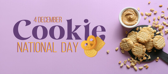 Tasty peanut cookies and butter on lilac background. National Cookie Day