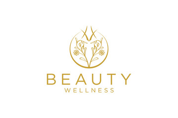 Gold flower logo design icon illustration bloosom beauty spa symbol nature tree wellness
