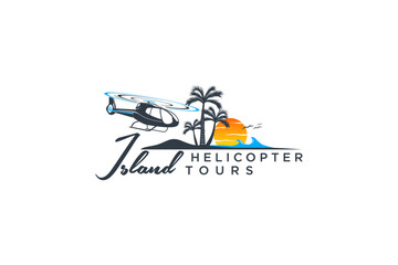 Beach island logo design helicopter travel emblem badge icon palm tree sunset scene