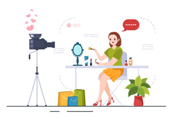 Beauty and Fashion Blog with Bloggers Review Videos of Fashionable Clothes, Cosmetics or Makeup Trends in Cartoon Hand Drawn Template Illustrations