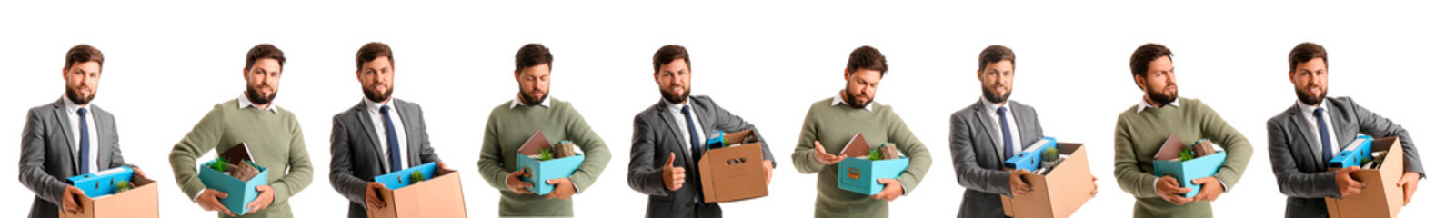 Set of dismissed young man with belongings on white background