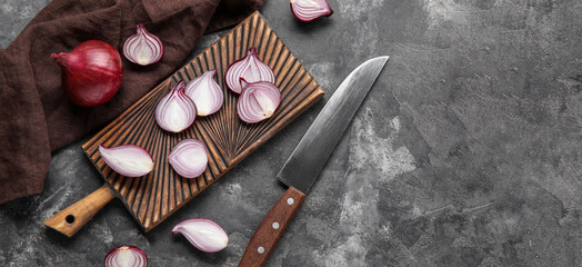 Composition with cutting board, red onion and knife on grunge background with space for text, top view - Powered by Adobe