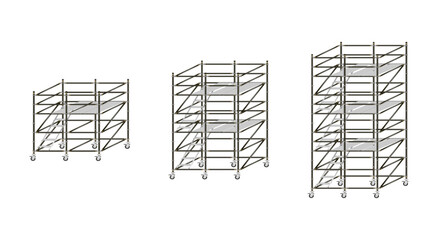 Mobile scaffolding, white background, used in construction areas.