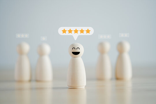 Feedback rating and service review. Customer experience, Mental health assessment, World mental health day,Think positive, Emotion, Satisfaction. Figure with happy face and 5 star on speech bubble.