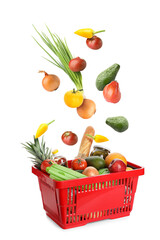 Shopping basket with food on white background