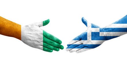 Handshake between Greece and Ivory Coast flags painted on hands, isolated transparent image.