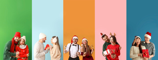 Fototapeta na wymiar Collage of happy couples on color background. Happy New Year and Merry Christmas