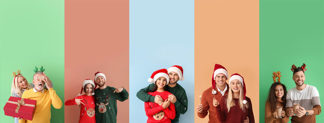 Fototapeta na wymiar Group of happy couples on color background. Happy New Year and Merry Christmas