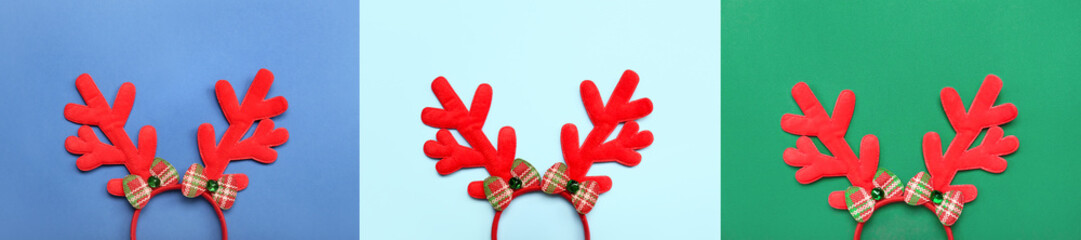Collage of red Christmas reindeer horns on color background