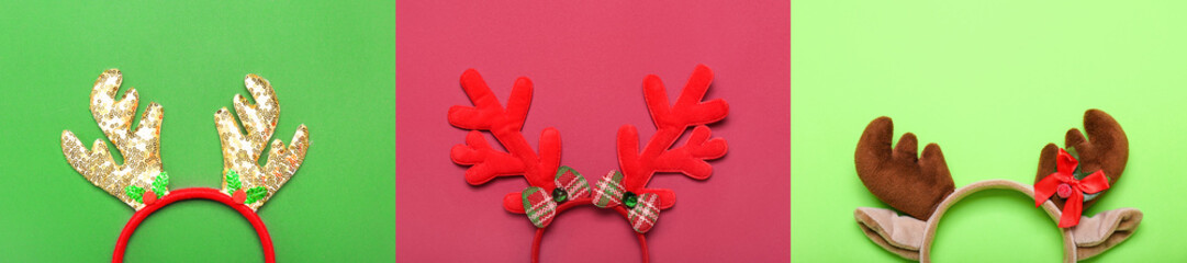 Collage of Christmas reindeer horns on colorful background © Pixel-Shot