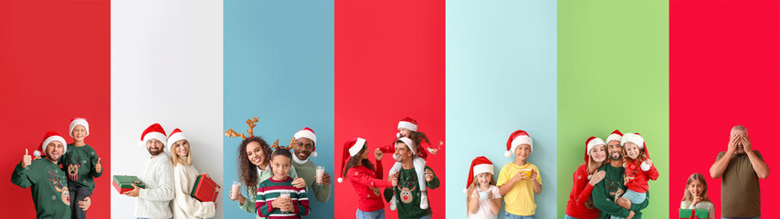 Collage of happy people on color background. Happy New Year and Merry Christmas
