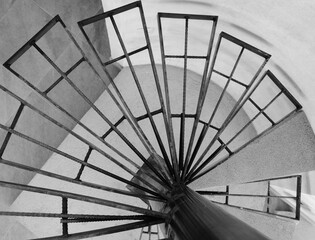 spiral staircase under construction, structure, black and white photography