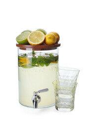 Jar of delicious lemonade on white background
