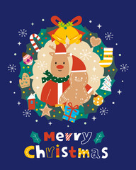 Fototapeta premium Merry Christmas; Cute Reindeer and Gingerbread Surrounded by Holiday Ornaments