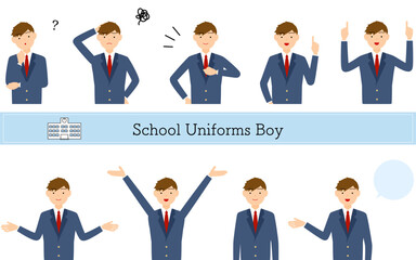 男子生徒、ブレザーの制服ポーズセット、疑問・悩む・引き受ける・指さしetc
