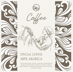 coffee label packaging of drawing ink and organic pattern. Banner coffee for promotion digital advertising