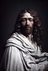 Portrait of Jesus in white robe on dark background, illustration
