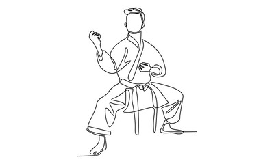 continuous line of man in kimono practicing karate combat. Martial art sport training concept