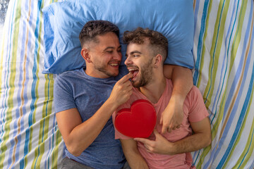 homesexual couple in bed having fun, kissing in the daytime