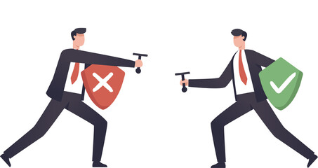 Business decisions, right or wrong, right and wrong, The choice of compete in business. A businessman wields his sword at one another to judge right or wrong. illustration png - obrazy, fototapety, plakaty