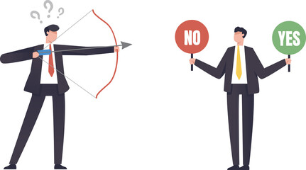 YES or NO, Right or wrong business decisions, true or false, right and wrong, alternative concept. Businessman aiming arrow at Yes or No word. illustration png
