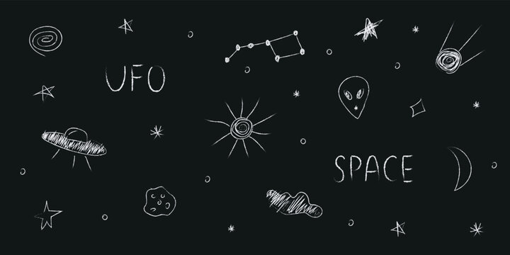 Doodle cosmos illustration set in childish style, design clipart. Hand drawn abstract space elements with lettering. Black and white.