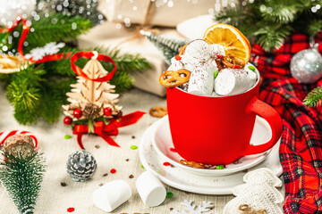 Hot cocoa or chocolate with marshmallows. Christmas traditional decor, New Year festive arrangement