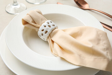 Closeup view of napkin in white plate