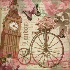 London vintage card with Big Ben and bicycle.