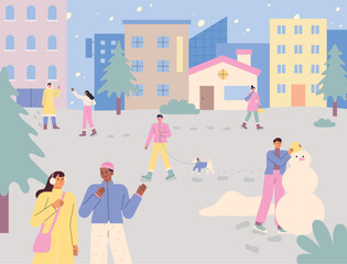 Fototapeta premium Snowy urban background. People are walking down the street, making snowmen and walking dogs. flat vector illustration.
