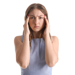 Young woman with nosebleed on white background